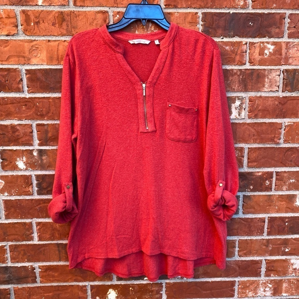 Soft Surroundings Womens Large Red Rayleigh Roll Tab Fleece Zip Sweater